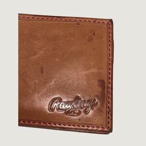 Rawlings Mens Leather Baseball Stitch Bifold Wallet Tan Brown Red Stitching